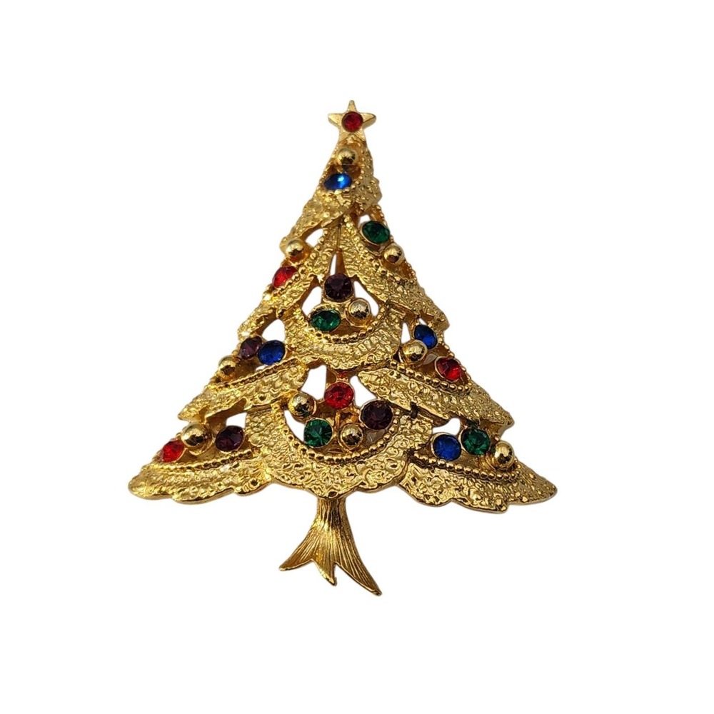 Vintage gold tone‎ JJ Jonette colorful rhinestone Christmas Tree brooch pin